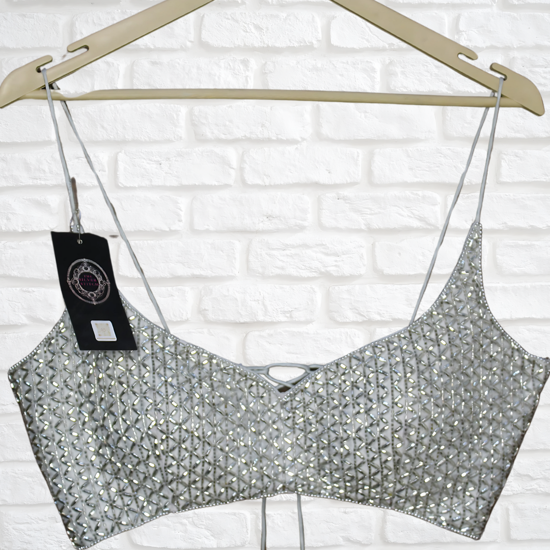 Silver Elegance: Readymade Designer Blouse with Handcrafted Poth & Sali Embellishments Image