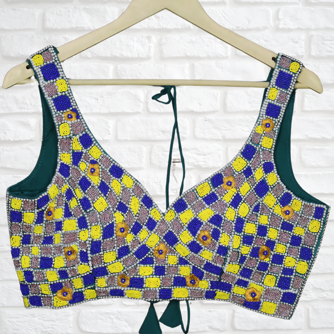Vibrant Multicolor Designer Blouse with Handcrafted Poth & Resham Detailing – Elegant Fit with Dori Closure Image