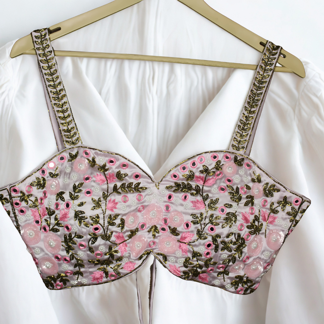 White Elegance with a Pop: Multicolour Embroidered Blouse with Dori Back Image