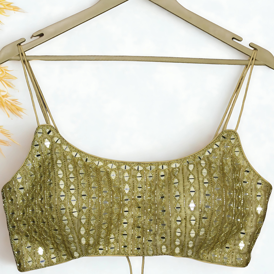 Golden Radiance: Mirror & Resham Hand-Embroidered Blouse with Dori Back Image
