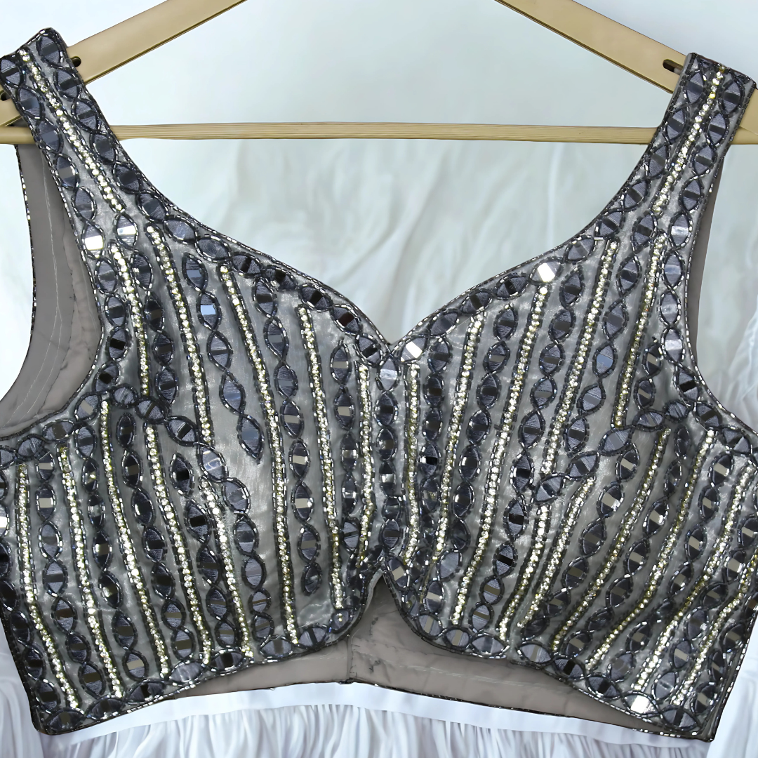 Shimmer in Style: Silverish Grey Mirror & Resham Embroidered Designer Blouse Image
