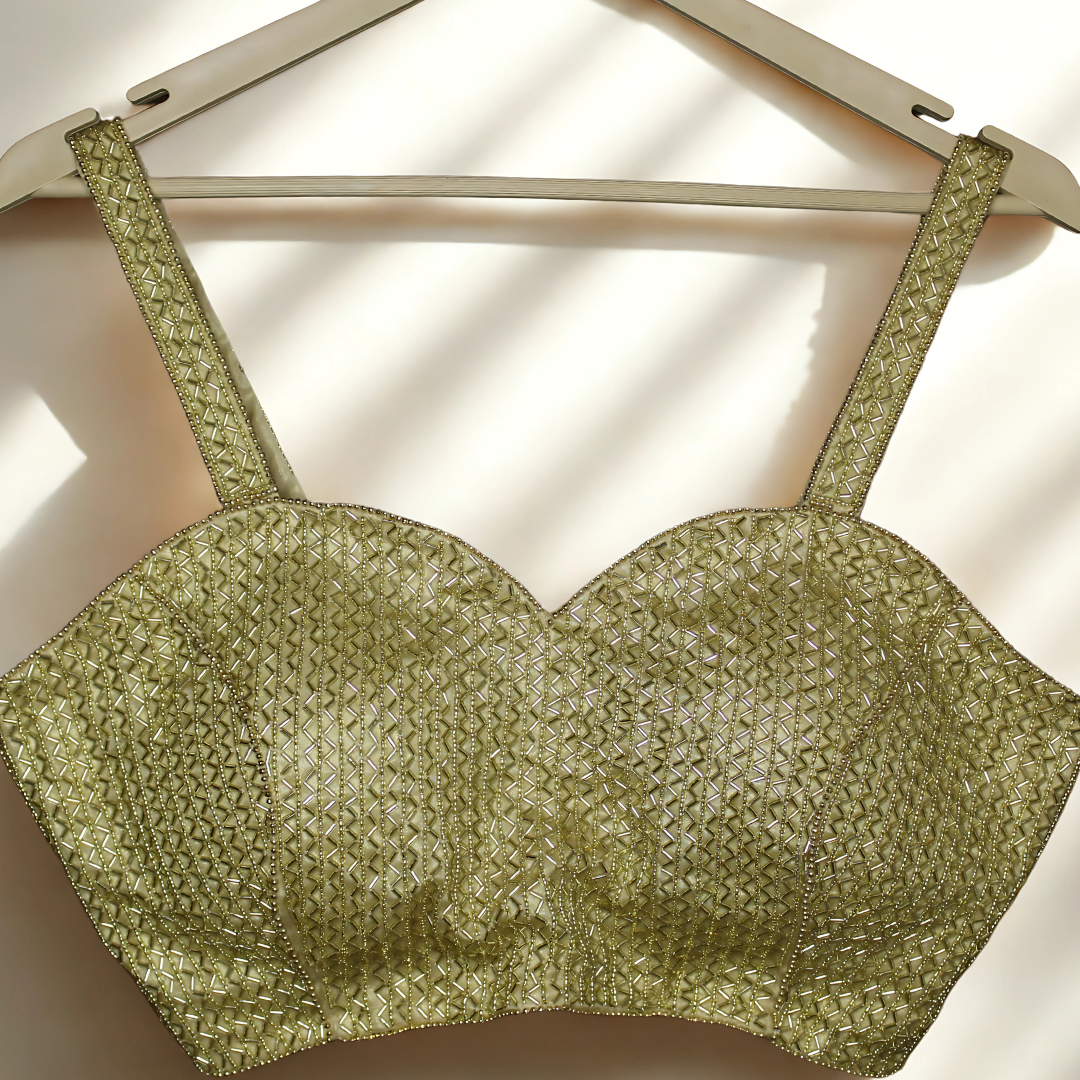 Golden Grace: Handcrafted Designer Blouse with Luxe Poth & Salli Detailing Image