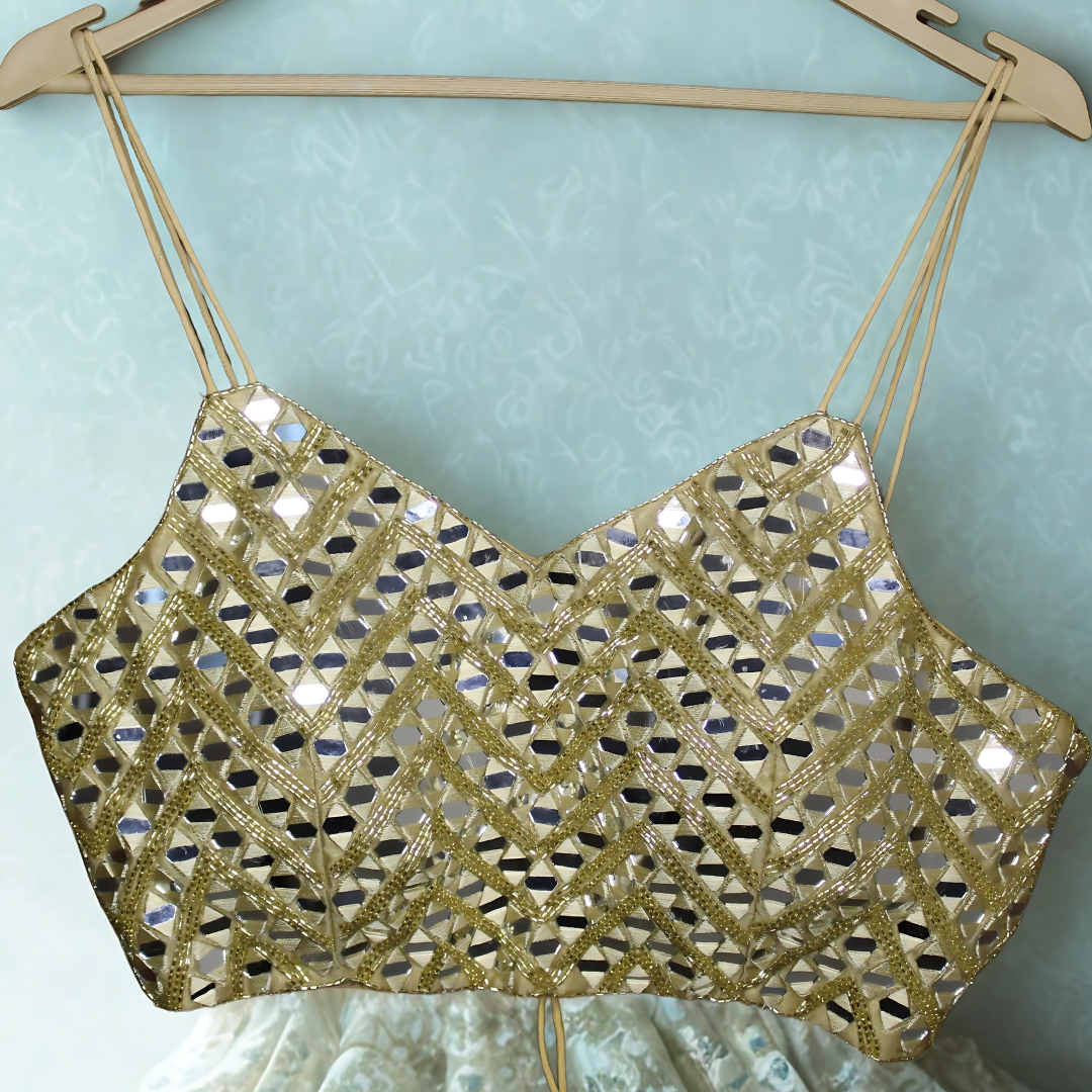 Golden Glow: Mirror Work Blouse with Poth & Cut Dana Detailing (Size 36–38) Image