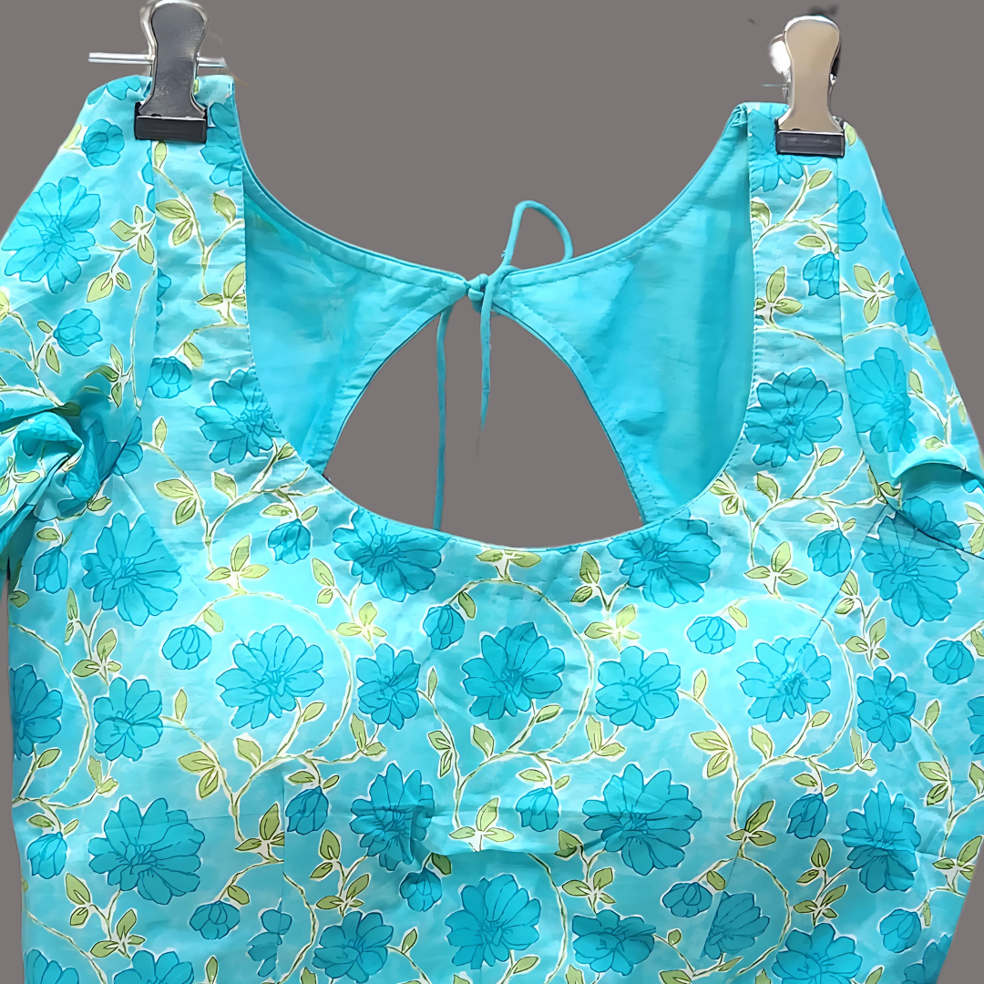 Elegant Blue Cotton Printed Saree Blouse for Women – Readymade, Lined & Quarter Sleeved Comfort Fit Image