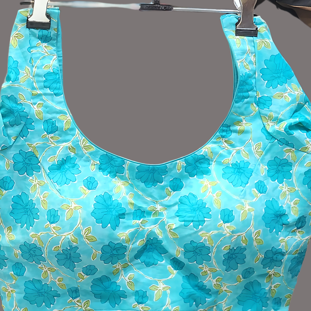 Trendy Blue Cotton Printed Blouse for Women – Ready-to-Wear with Soft Lining & Quarter Sleeves Image