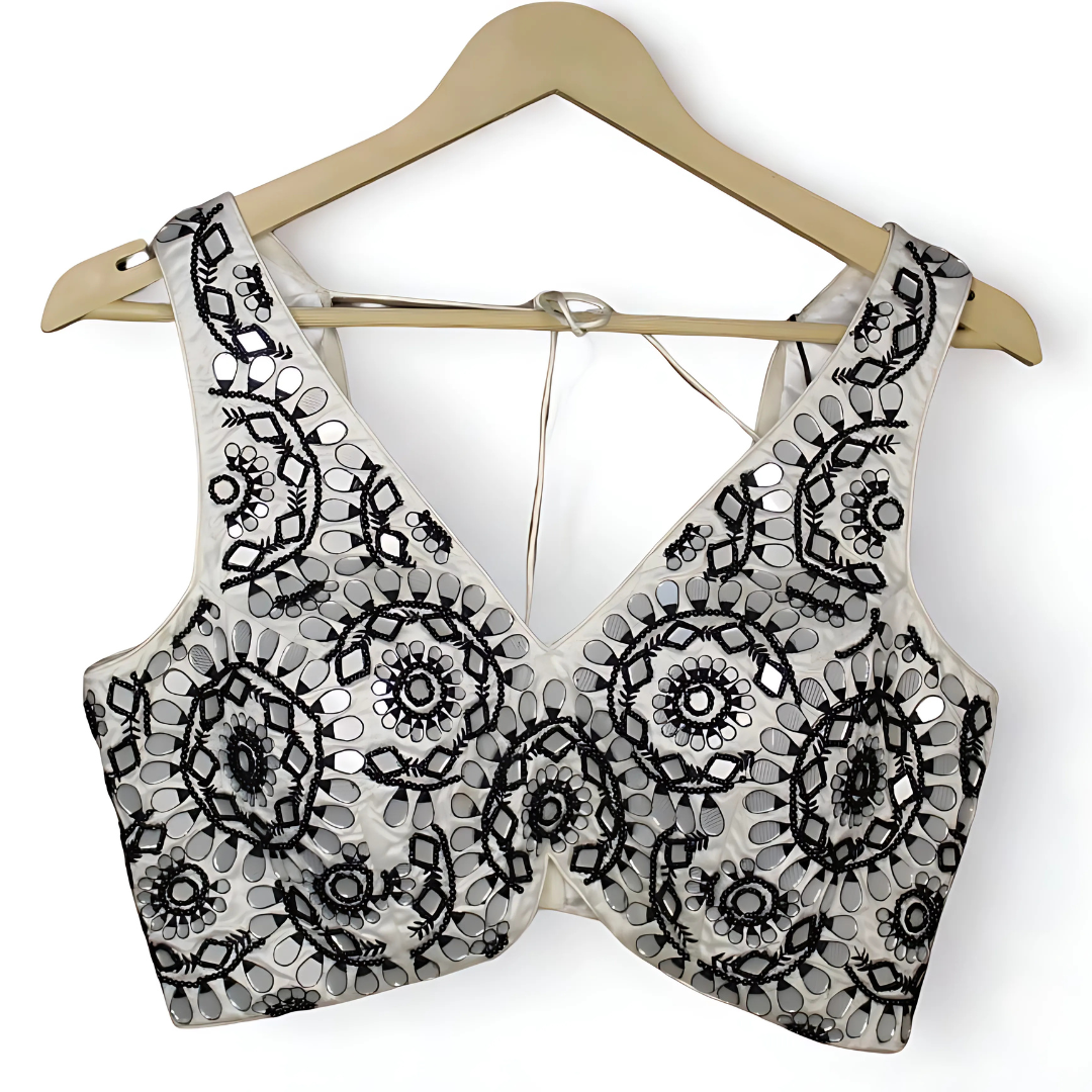 Elegant White & Black Mirror Work Designer Blouse – Cut Dana Detailing | Chest 36”–38” Image