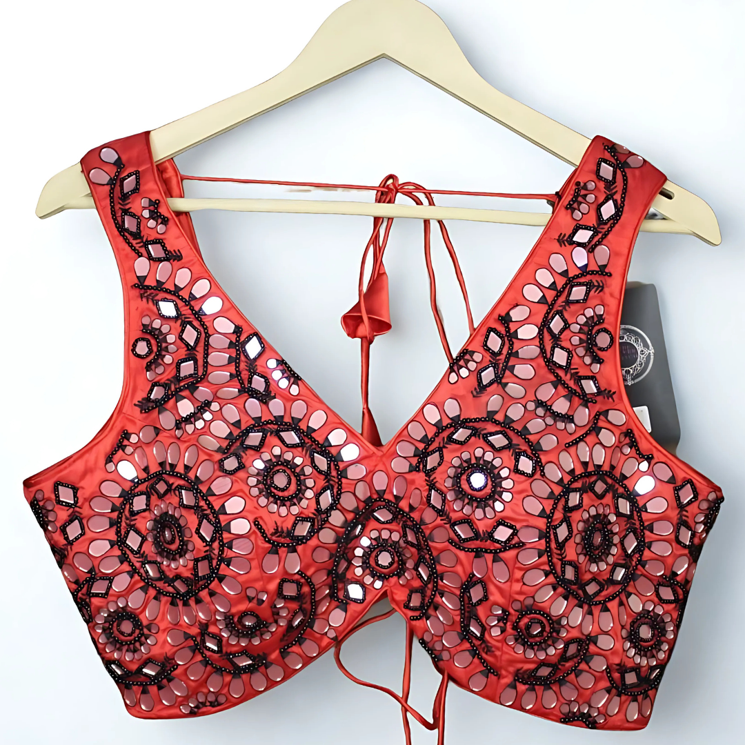 Striking Red & Black Mirror Work Designer Blouse – Cut Dana Detailing | Chest 36”–38” Image