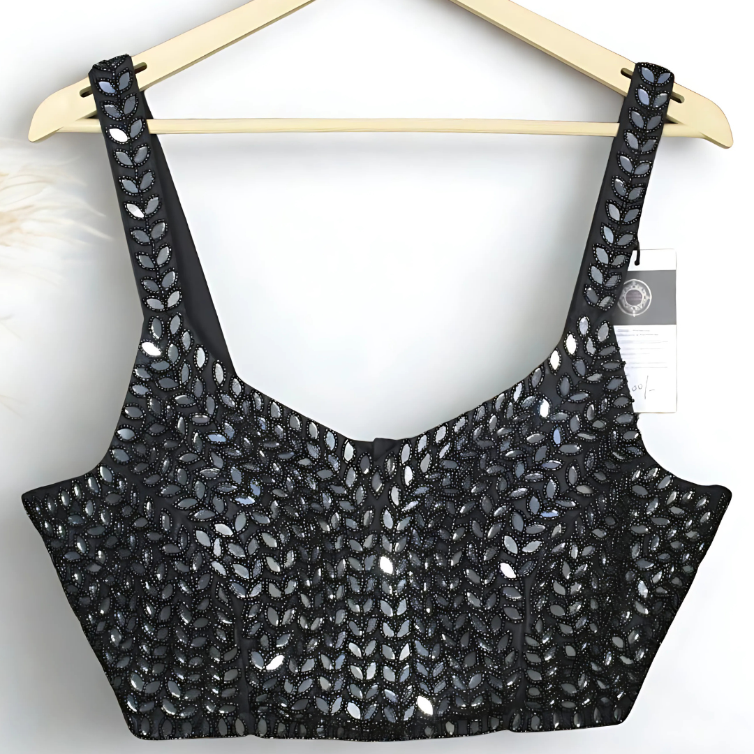 Elegant Black Mirror Work Designer Blouse – Matching Poth Work & Back Hook | Chest 36”–38” Image