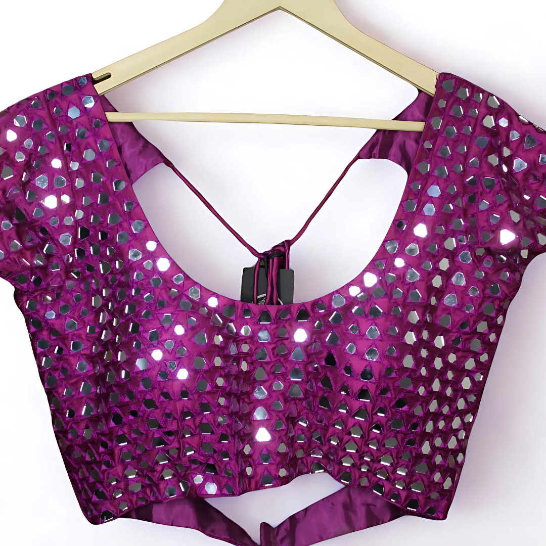 Glamorous Wine Mirror Work Designer Blouse – Resham Embroidery & Mega Sleeves | Chest 36”–38” Image