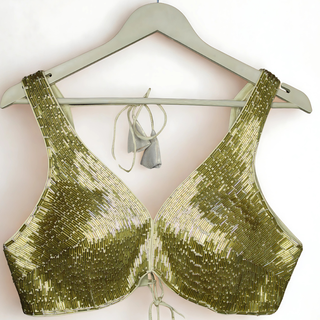 Golden Glamour: Pipe Work Designer Blouse with Dori Tie-Back | Chest 38”–42 Image