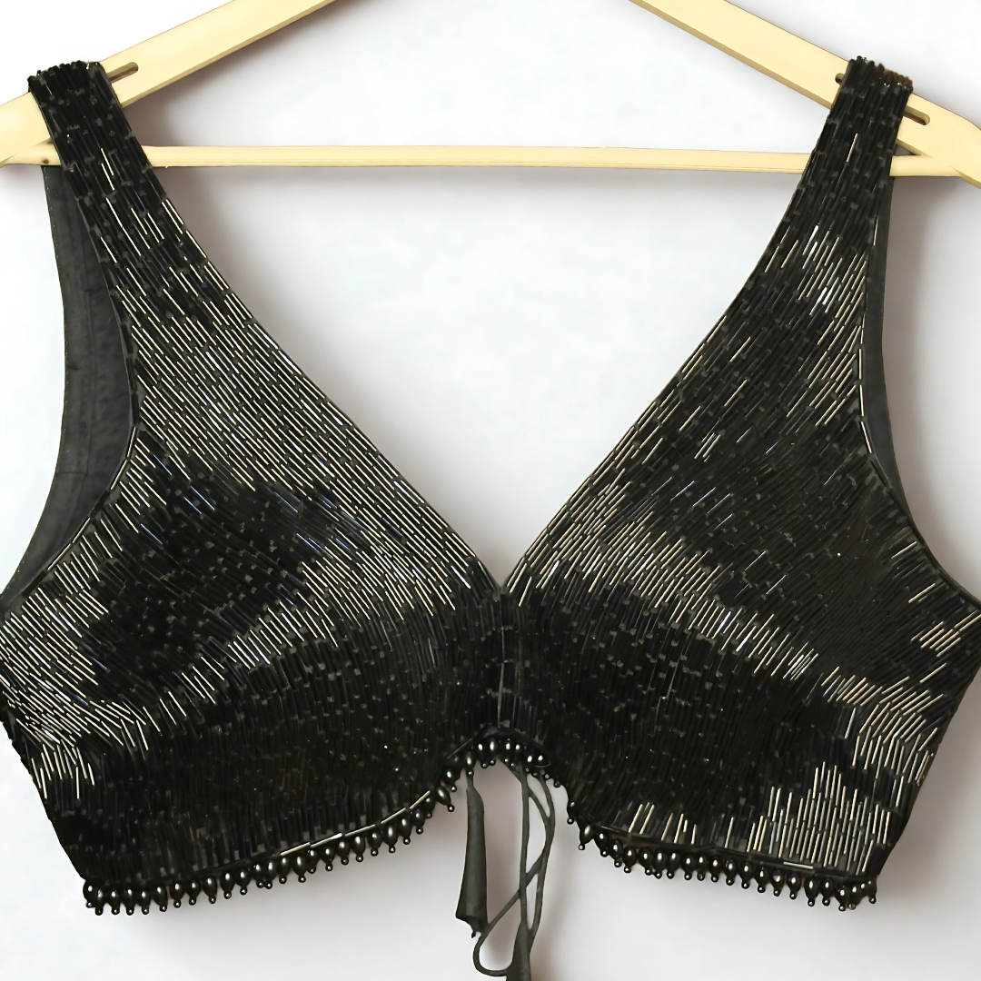 Black Pipe Work Designer Blouse – Glamorous Ethnic Style with Dori Tie-Back | Fits 38”–42 Image