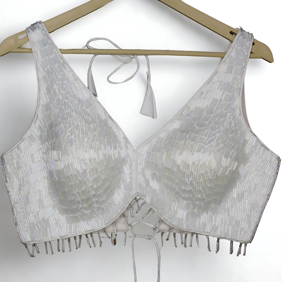 Radiate Elegance in White: Pipe Work Designer Blouse with Dori Back | Size 38”–42 Image