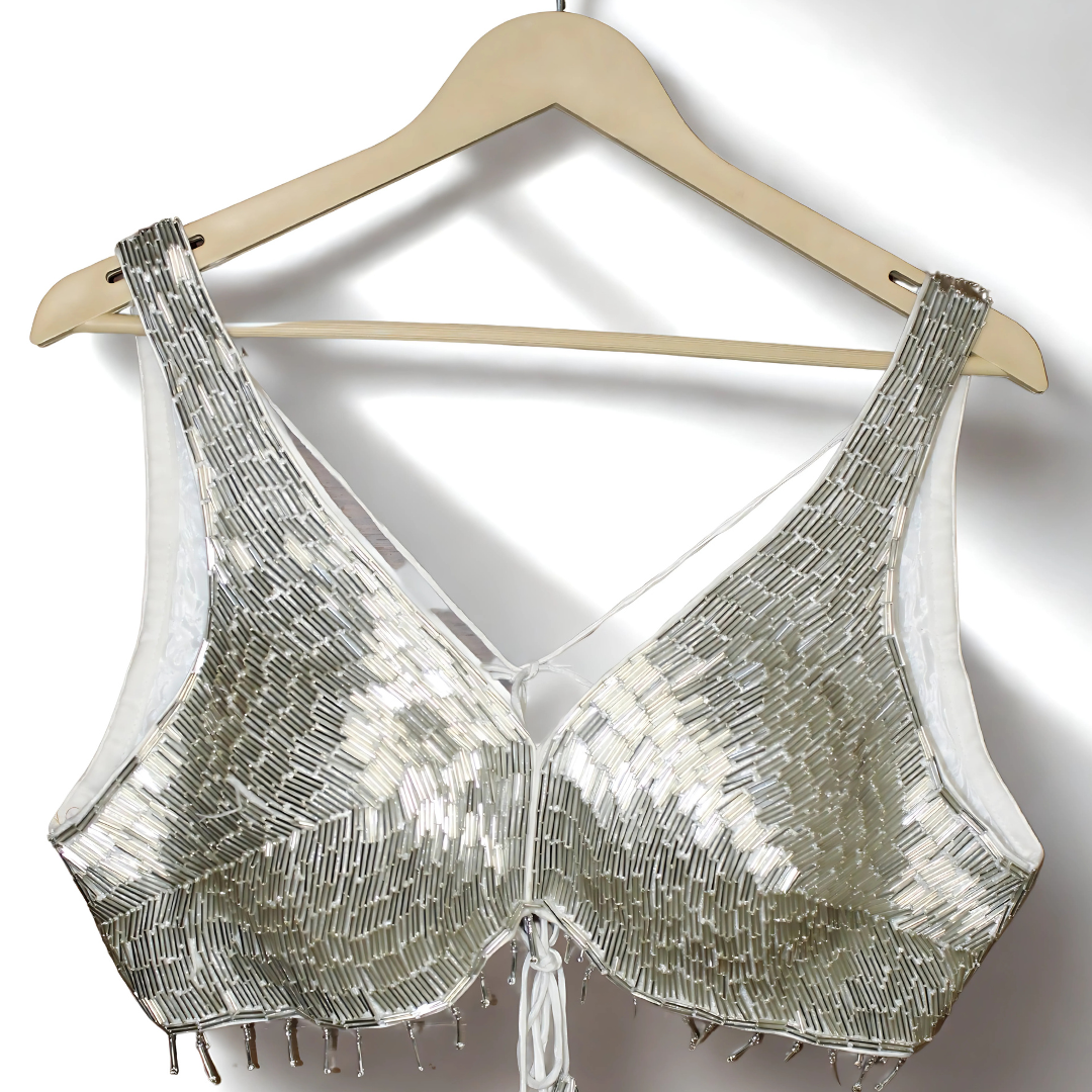 Shine in Style: Silver Pipe Work Designer Blouse with Dori Tie-Back – Fits Sizes 38”–42 Image