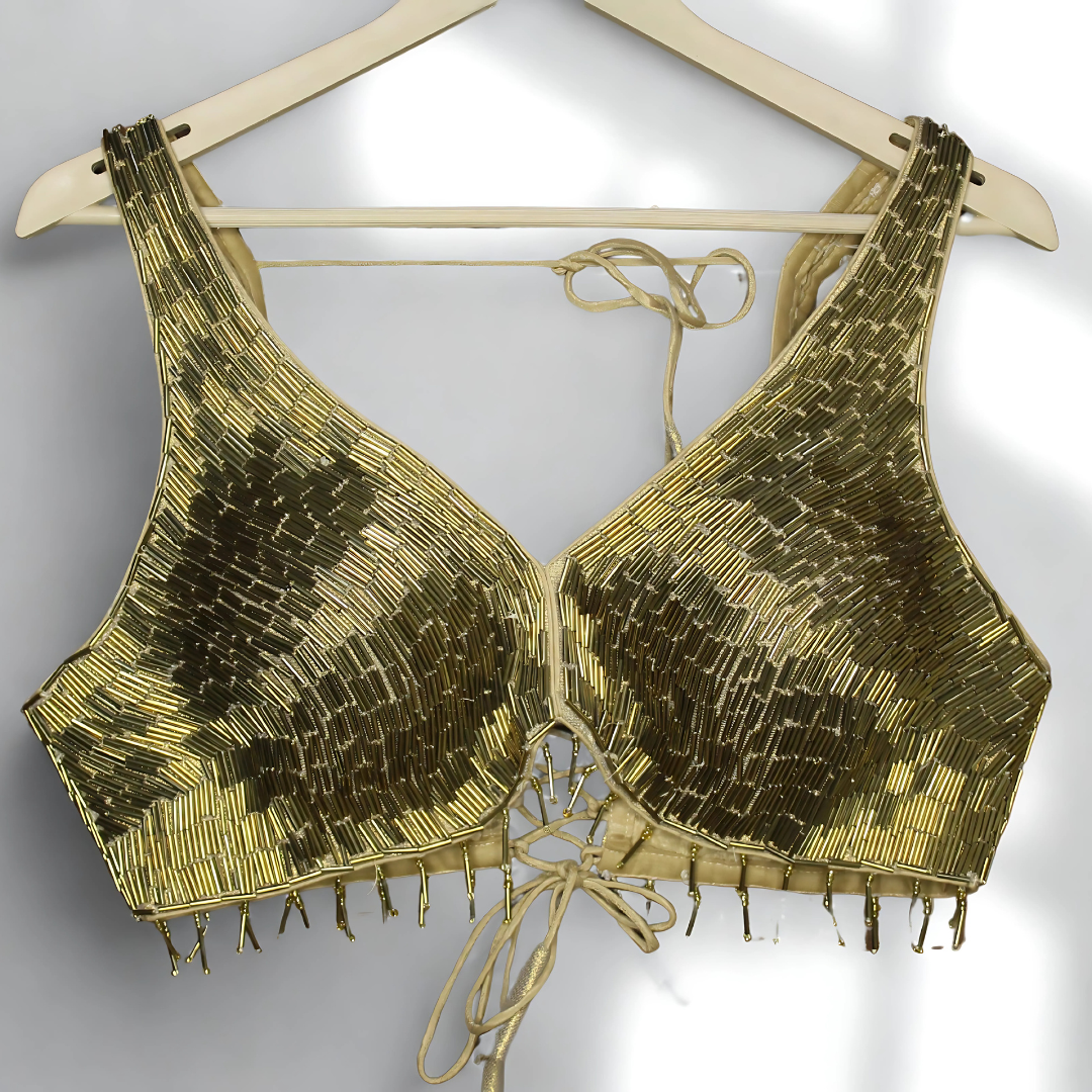 Copper Glow: Dazzling Pipe Work Designer Blouse with Adjustable Dori Back | Sizes 38”–42 Image