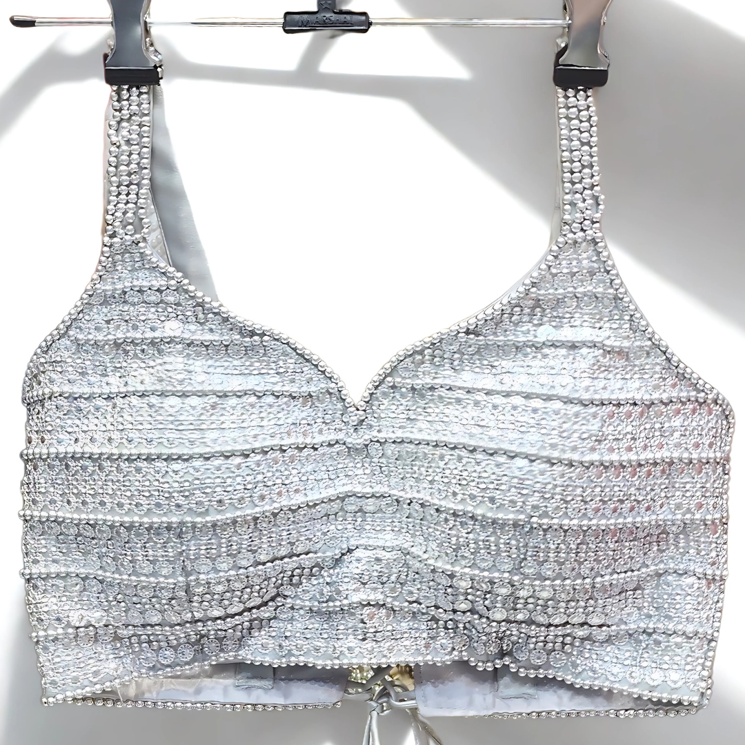 Sparkle in Silver: Pearl Work Spegiite-Style Designer Blouse with Dori Tie-Back | Ready Made | Size 36”–40 Image