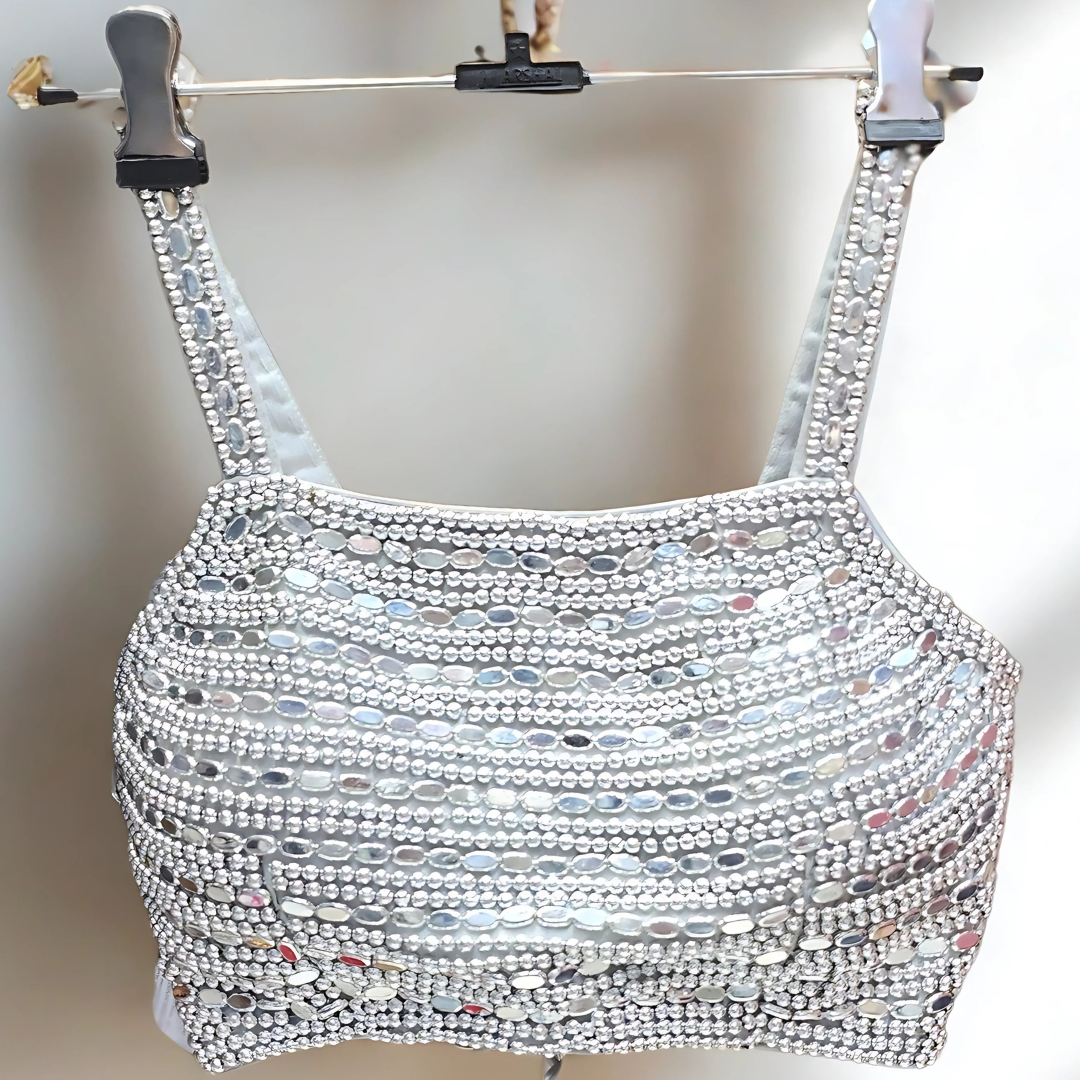Silver Pearl Spegiite Blouse – Dori Tie-Back Elegance for Festive & Party Looks | Fits 36”–40 Image