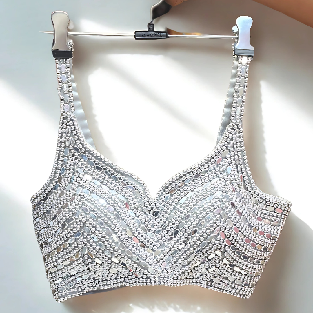 Gleam in Silver: Pearl Spegiite Designer Blouse with Dori Tie-Back | Fits 36”–40 Image