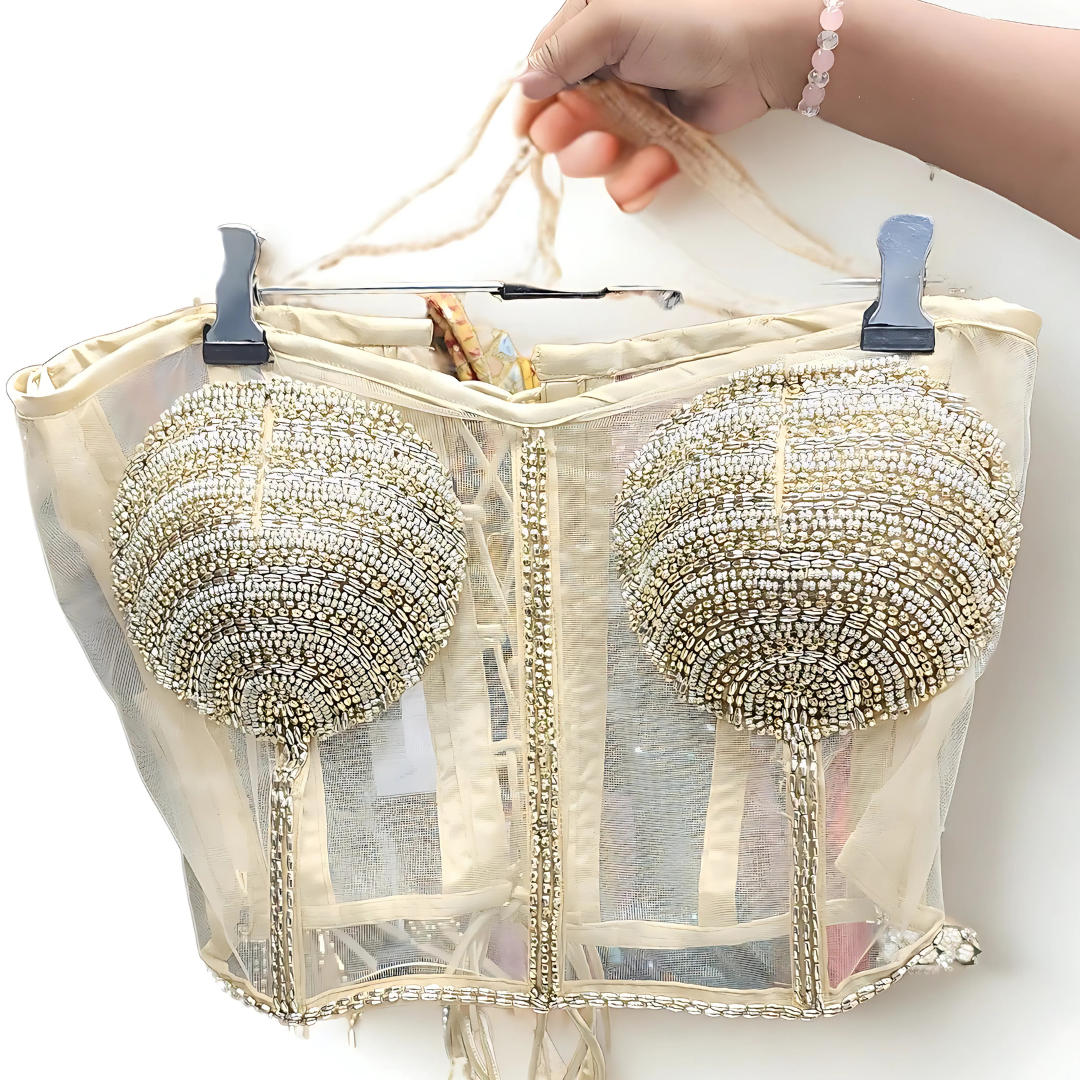 Dull Gold Pearl Work Corset Blouse – Luxe Ready-Made Designer Fit with Dori Tie-Back | Size 36”–40 Image