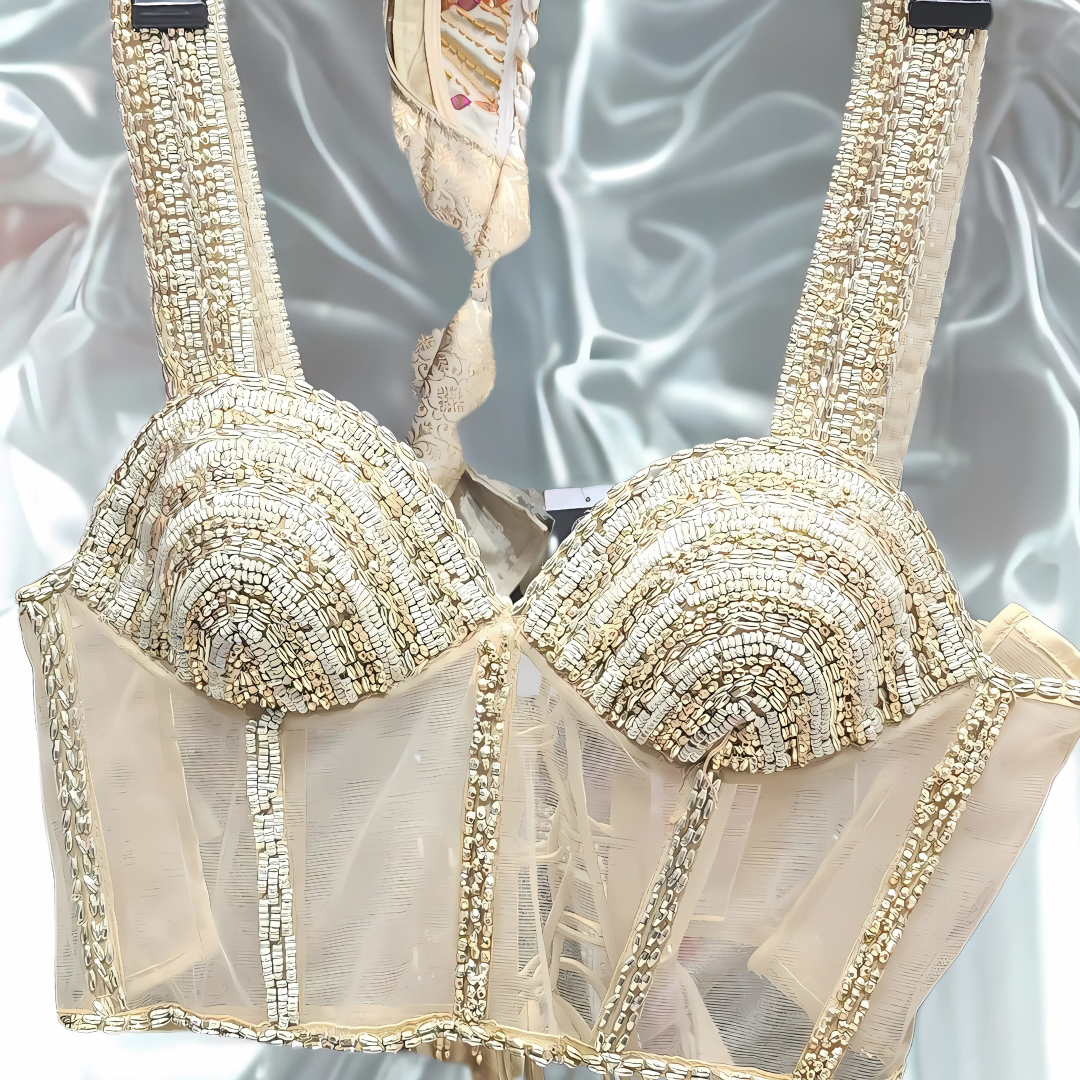 Golden Pearl Corset Blouse – Luxe Readymade Designer Fit with Dori Back | Size 36”–40 Image