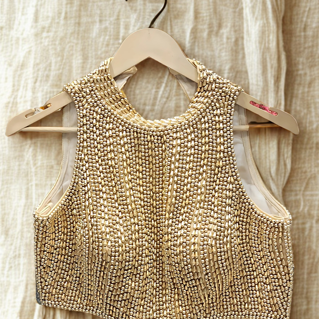 Golden Pearl Work Backless Boat Neck Blouse – Readymade Designer Fit with Dori Back | Chest Size 36 Ready Image