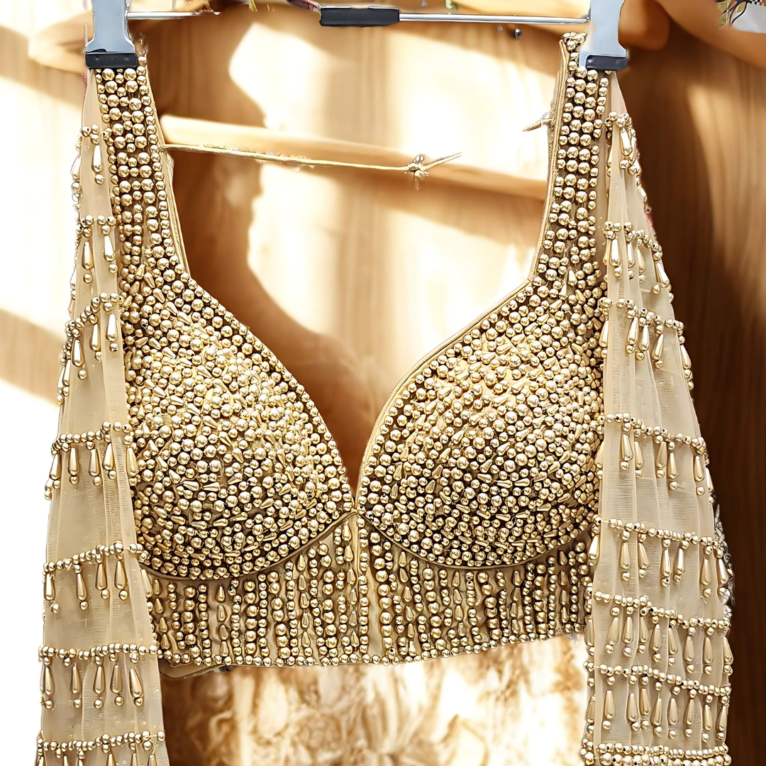 Golden Pearl V-Neck Designer Blouse with Full Sleeves & Hook-Back – Readymade Fit | Chest Size 36 Ready Image
