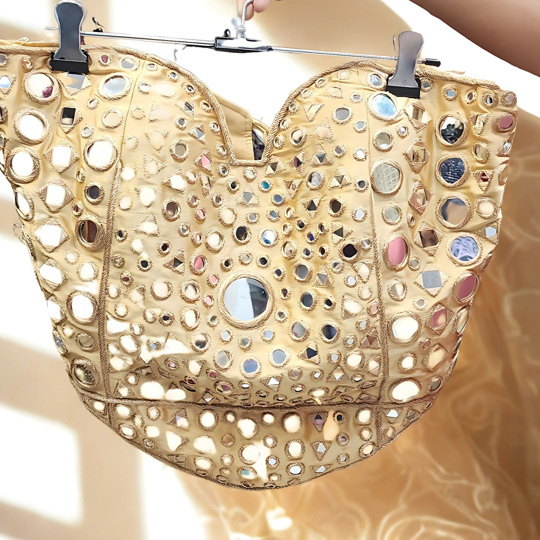 Golden Mirror Work Corset Blouse with Matching Resham – Glam Dori Back | Chest Size 36 Ready Image