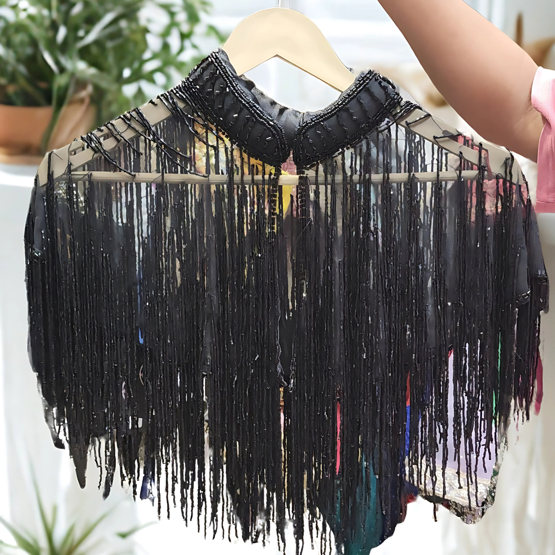Black Cut Dana Work Designer Cape – Free Size Ethnic Overlay for Sarees, Gowns & Dresses Image