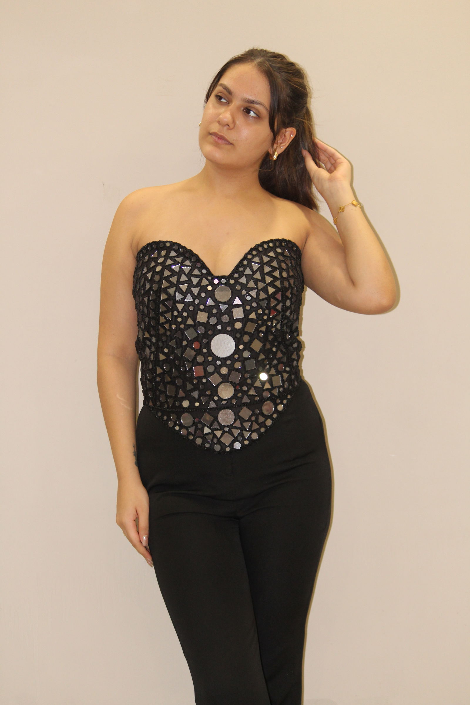 Stunning Black Mirror Work Corset Blouse – Designer Fit with Matching Poth & Dori Back | Size 36”–40 Image