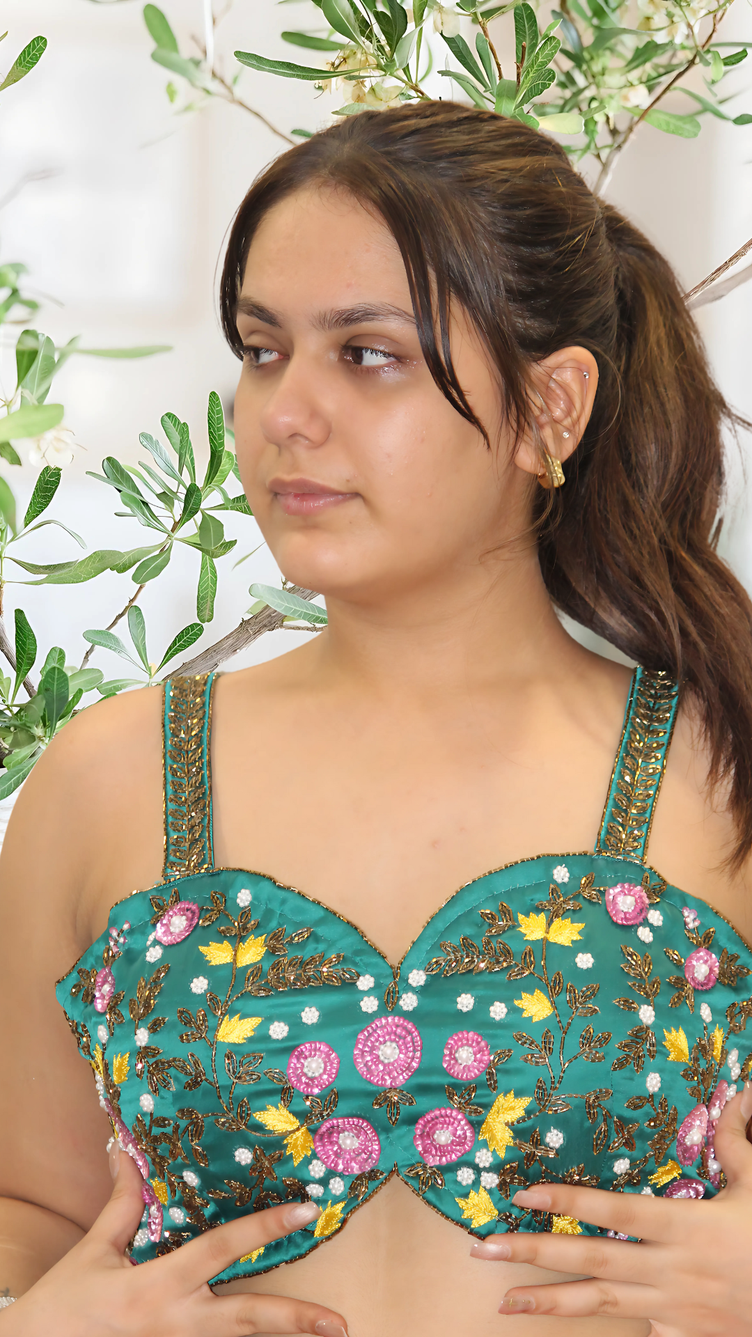 “Green Multicolour Hand Embroidered Designer Blouse – Elegant Party & Wedding Wear” Image