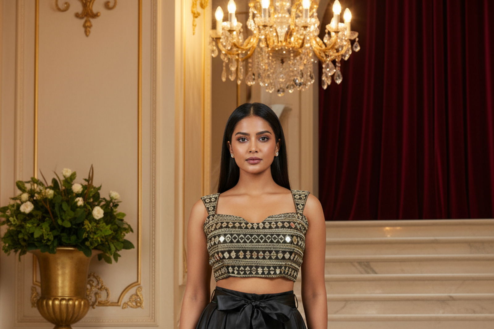 Black Mirror Work Designer Blouse with Golden Embroidery & Adjustable Strap Detailing – Perfect Partywear Fit Image