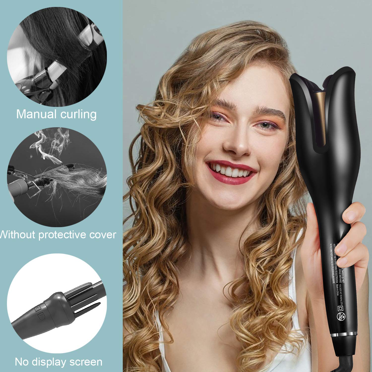 Automatic Hair Curling Iron with Ceramic Ionic Barrel, Smart Anti-Stuck, Auto Rotating Hair Curling Wand with Temperature Display and Timer, Professional Hair Curler Styling Tool -Black Image