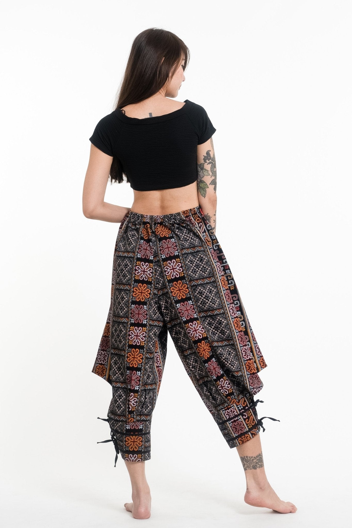 Clovers Thai Hill Tribe Fabric Women's Harem Pants with Ankle Straps in Black Image