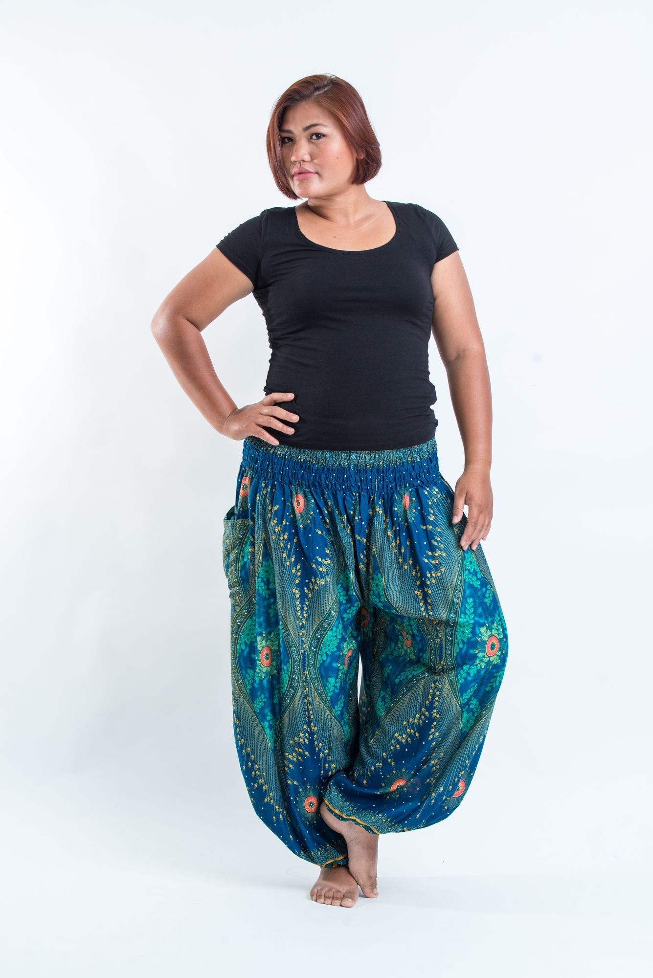 Plus Size Peacock Eye Women's Harem Pants in Turquoise Image