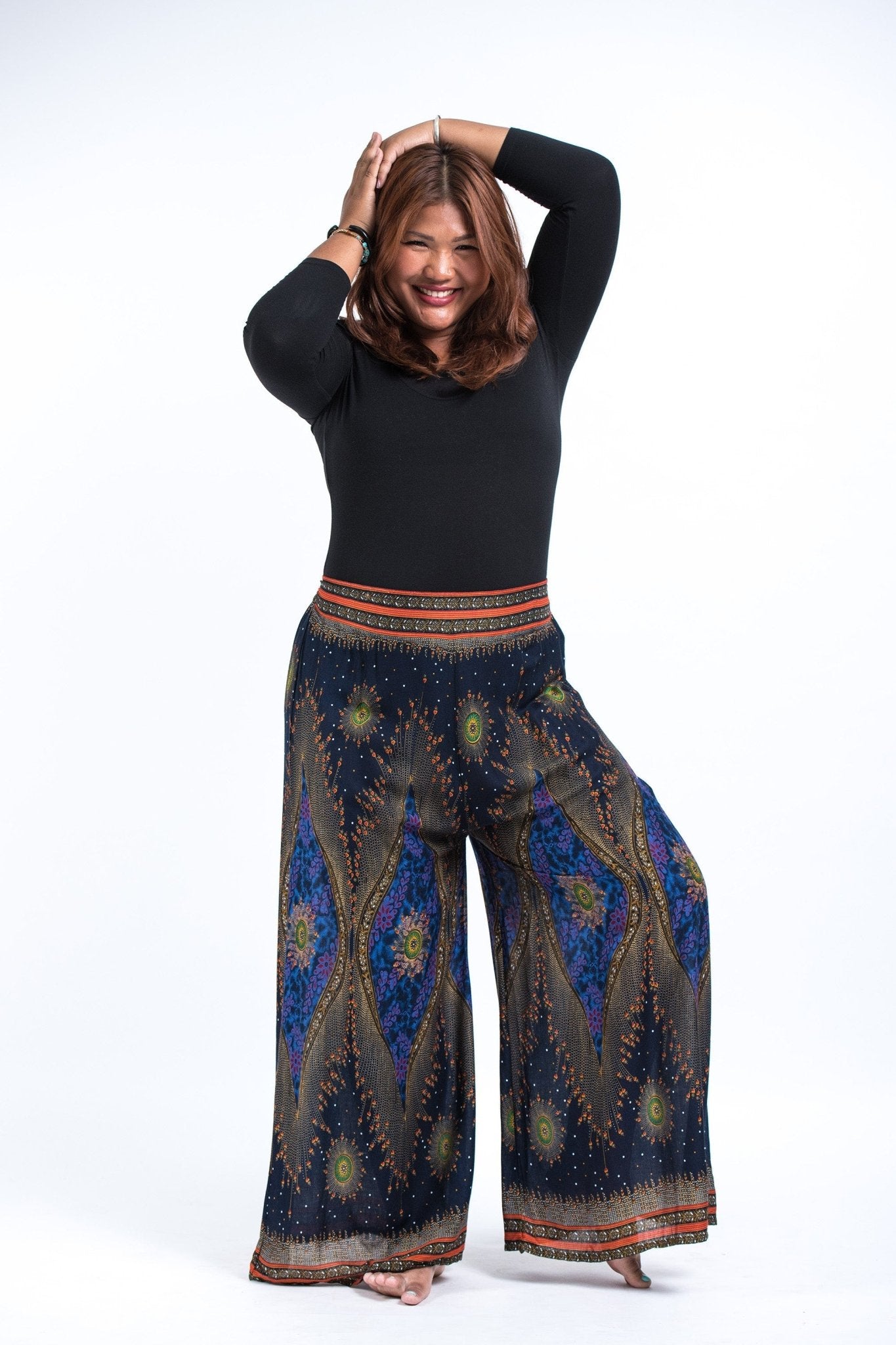 Plus Size Peacock Eyes Palazzo Style Harem Pants in Navy Image