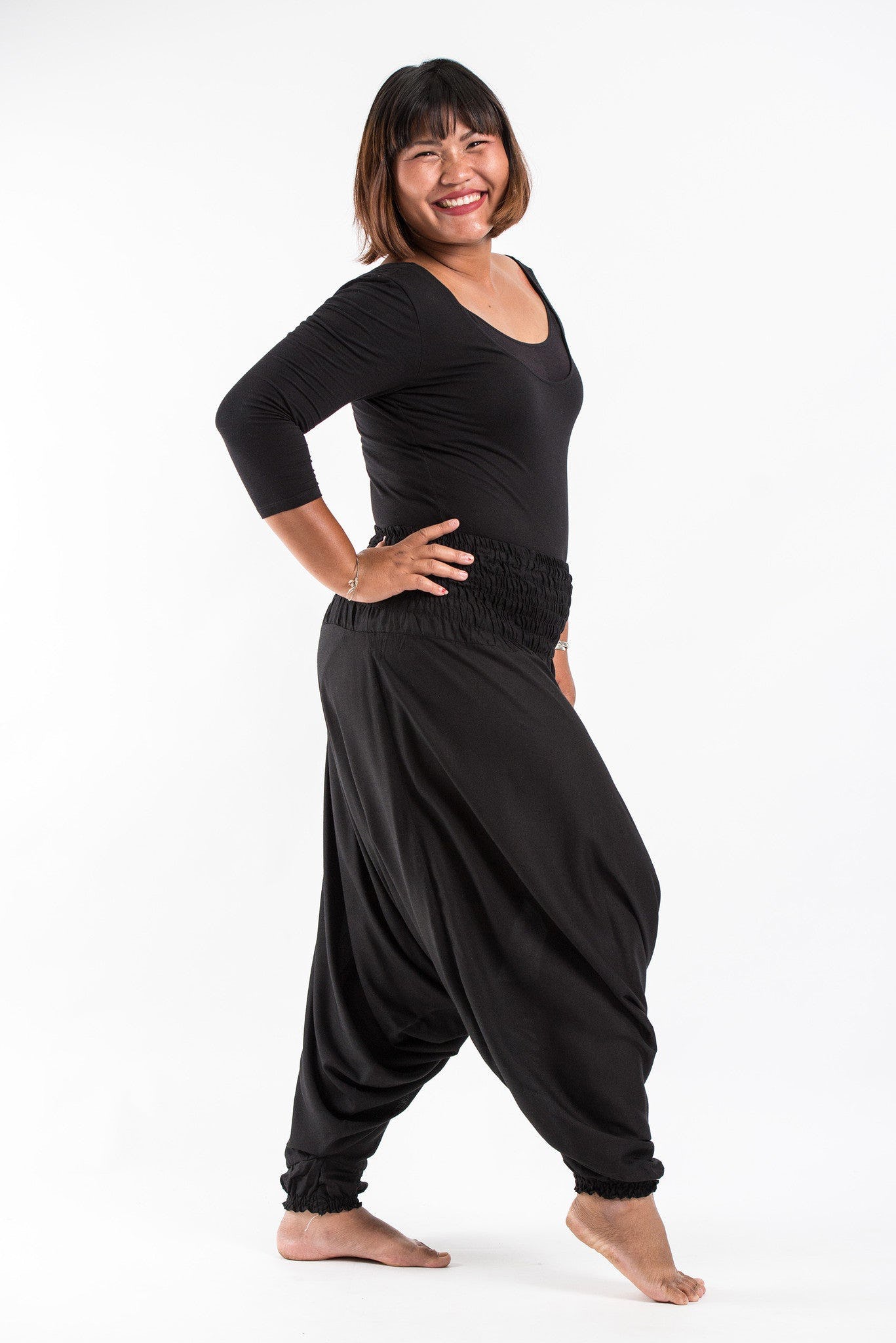 Plus Size Solid Color Drop Crotch Women's Harem Pants in Black Image