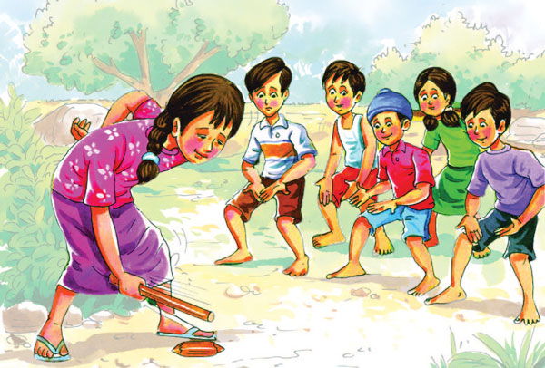 Children playing Gulli-Danda in a village setting