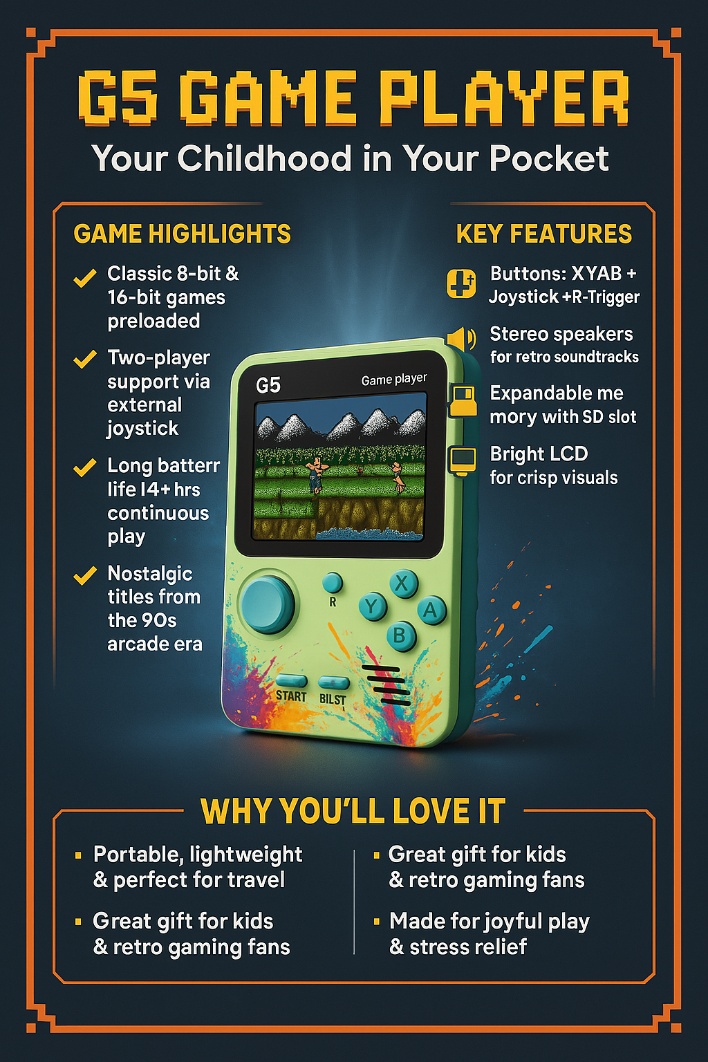 Harlay Toys G5 Handheld Game Console for Kids, Retro Gaming Device with 3.0