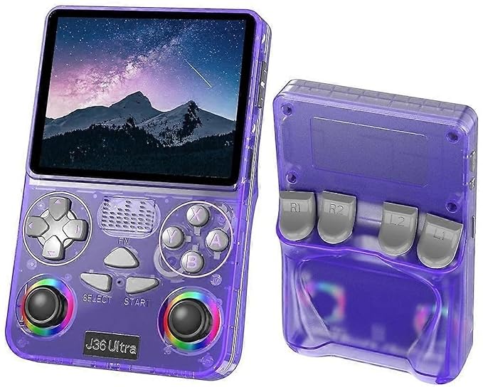 Harlay Toys™ J36 Ultra Handheld Retro Game Console | 3.5-Inch HD Screen Portable Video Game Player | Powerful 8-Core CPU & Precise RGB Joystick | Premium Purple Transparent Pocket Gaming Device for Kids & Adults, Ideal Travel Gift Image