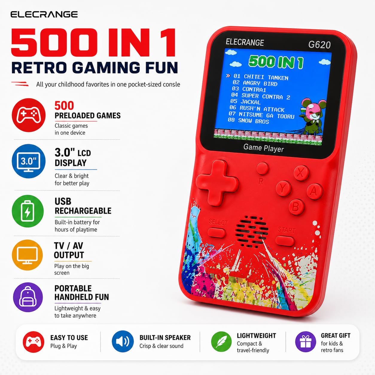 Harlay Toys ™ G620 Handheld Retro Game Console 🎮 Portable 8-Bit Video Player Hundreds Built-in Titles For Kids TV AV Output 📺 Dual Controllers Gamepad 🕹️ Nostalgic Arcade System Boy Girl Birthday Gift 🎁 Family Entertainment Old School Machine Best Seller Top Rated Ultimate Bundle Prize Action Puzzle Image 