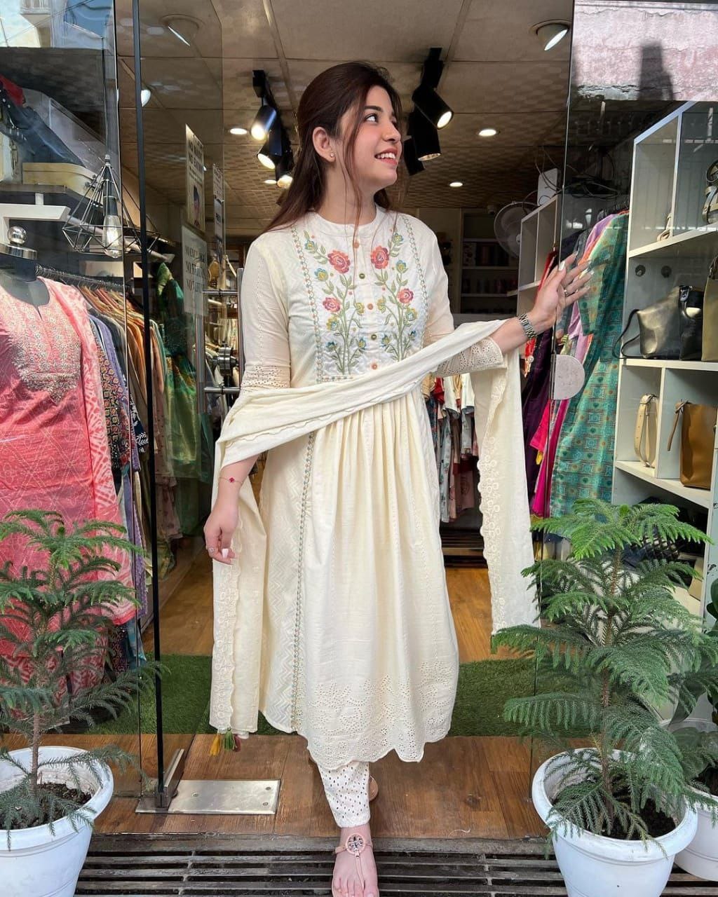 Elegant Cotton Embroidered Kurta Set with Pants & Dupatta ✨