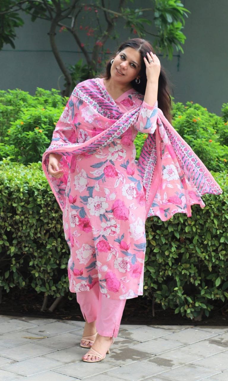 Premium Hand Block Printed Cotton Kurti Set with Pant & Dupatta ✨ Image