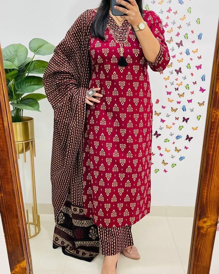 Pure fine Cotton fabric Kurti with Pant with cotton Dupatta & Neck Hand work 