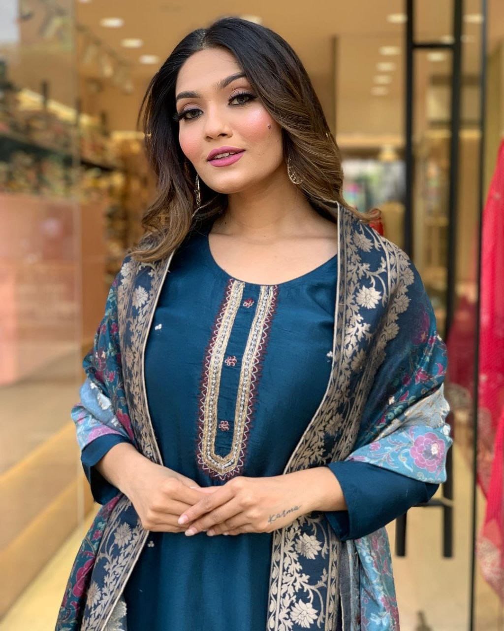 Premium Handwork Kurti Set  (Teal Blue)