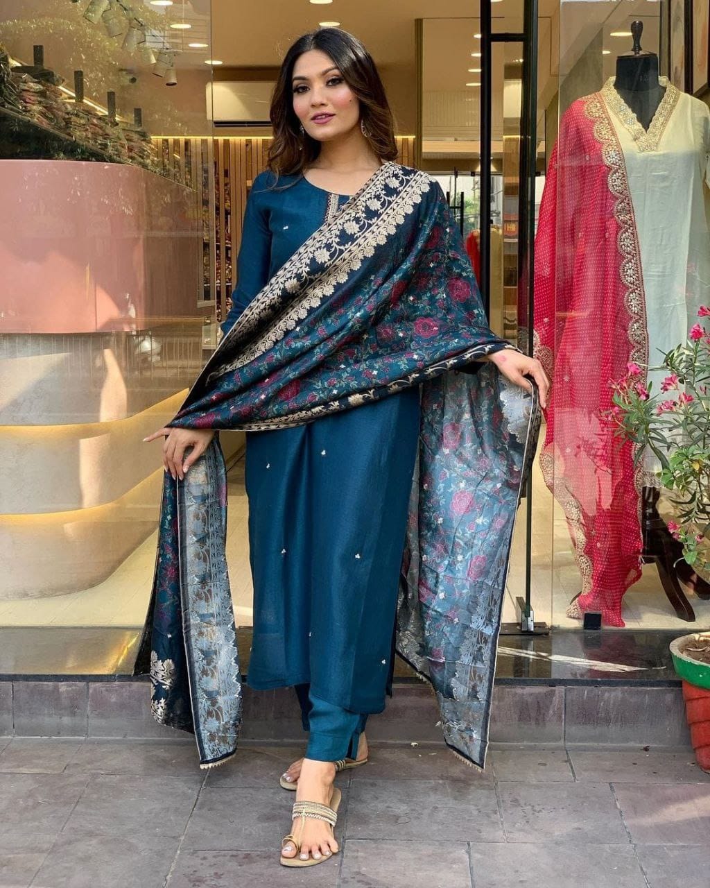 Premium Handwork Kurti Set  (Teal Blue) Image