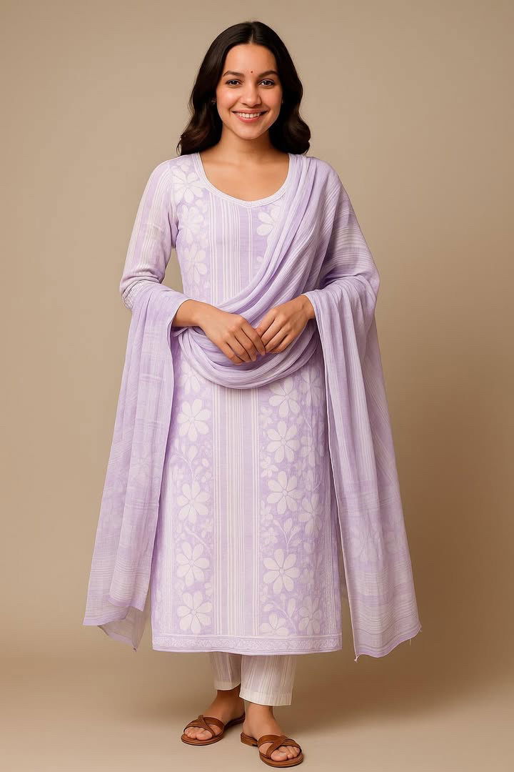Lilac & White Cotton Kurti Set – 3-Piece Ethnic Wear ✨ Image