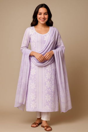 Lilac & White Cotton Kurti Set – 3-Piece Ethnic Wear ✨ Image