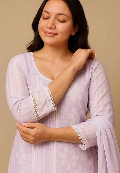 Lilac & White Cotton Kurti Set – 3-Piece Ethnic Wear ✨