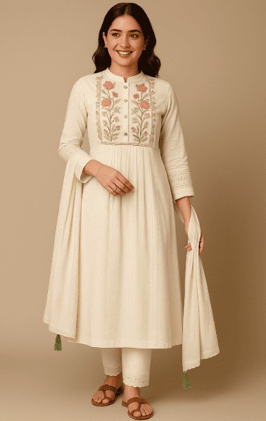 Elegant Cotton Embroidered Kurta Set with Pants & Dupatta ✨ Image