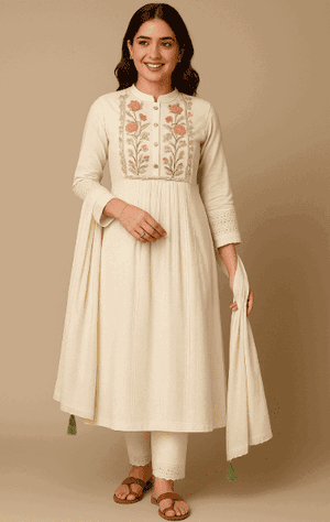 Elegant Cotton Embroidered Kurta Set with Pants & Dupatta ✨ Image
