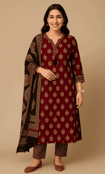 Pure fine Cotton fabric Kurti with Pant with cotton Dupatta & Neck Hand work  Image